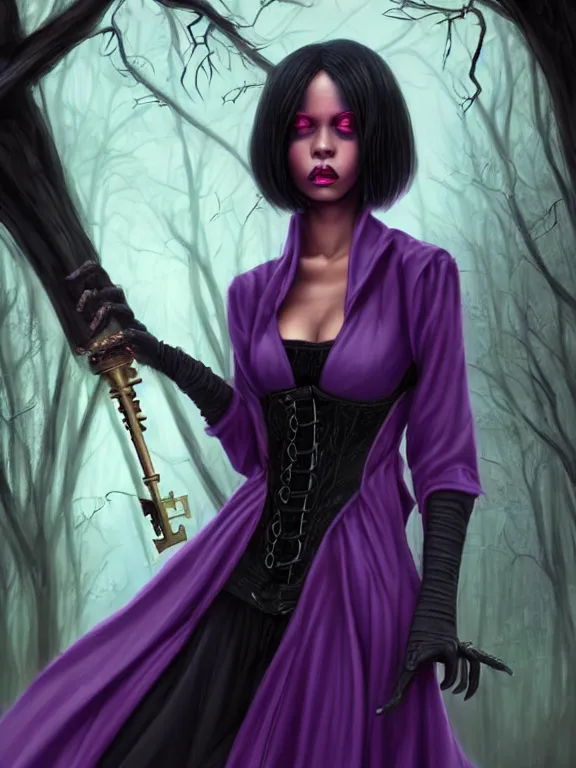 Prompt: full portrait of a dark fantasy female necromancer, black skin, skinny, saggy purple robes, pretty, black bob haircut, red eyes, circlet, corset, finesse, key visual, realistic shaded perfect face, gloom, fine details, forest background, smooth, highly detailed, digital illustration, by artgerm, rossdraws, frank franzzeta