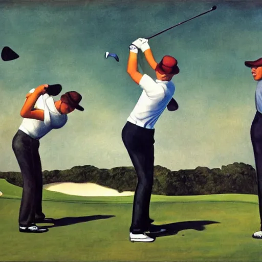 Image similar to Three golfers on a beautiful golf course driving range, by Diego Rivera