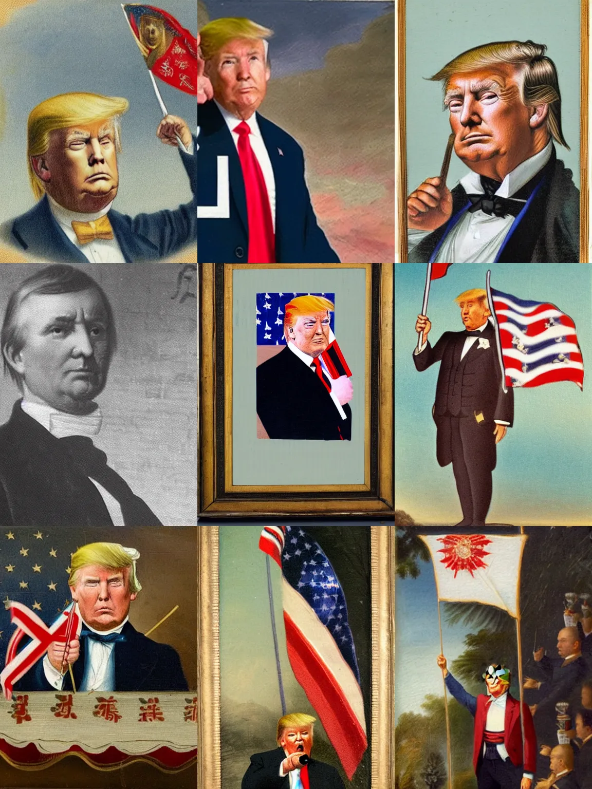 Prompt: Donald Trump waving a small china flag, 1800s painting