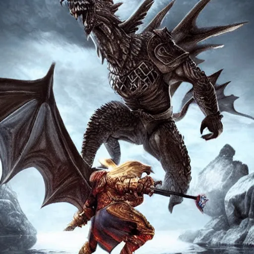 Prompt: warrior donald trump fighting against a dragon in skyrim, highly detailed, very realistic, christian art