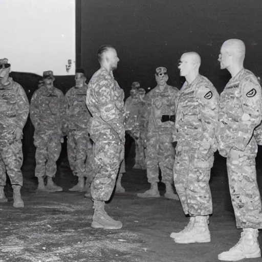 Image similar to Grey aliens meeting with american soldiers and officers, vintage photo, grainy, black & white, archive