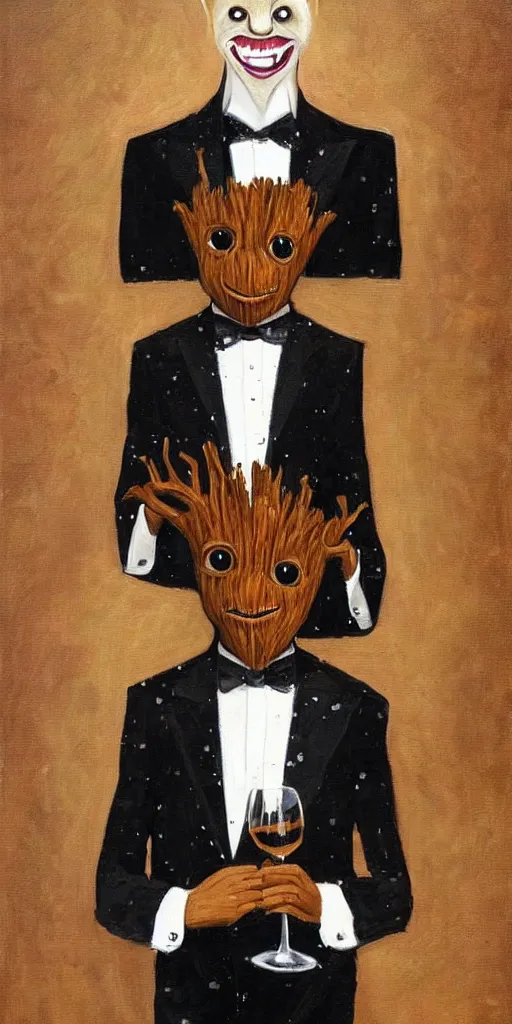 Prompt: portrait painting of the groot as a gentleman wearing tuxedo drinking wine, masterpiece, artwork