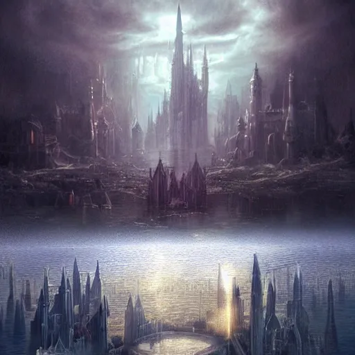 Image similar to a beautiful fantasy castle made from white stone and bright copper, medieval city submerged in water, metropolis, magic, tall towers, gorgeous clouds, white marble, god rays, digital art, fantasy art, octane render, unreal engine, high detail, very realistic, by greg rutkowski, by james gurney