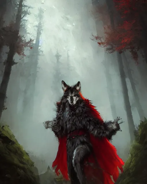 Image similar to oil painting of Anthropomorphized Wolf Shaman, wearing red fur cloak, sharp focus, holding magical lightning staff, magical aura, heroic pose, fantasy style, octane render, volumetric lighting, 8k high definition, by greg rutkowski, highly detailed, trending on art Station, magic the gathering artwork, Dark Volcano Backround, centered