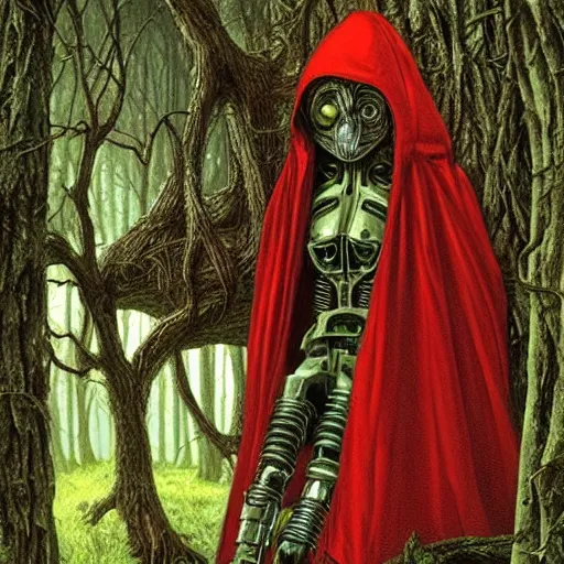 Image similar to little red riding hood as a complex robotic monster, cyborg arms wrapped around trees, dark scary woods, illustrative style, intricately detailed, Artwork by Ted Nasmith