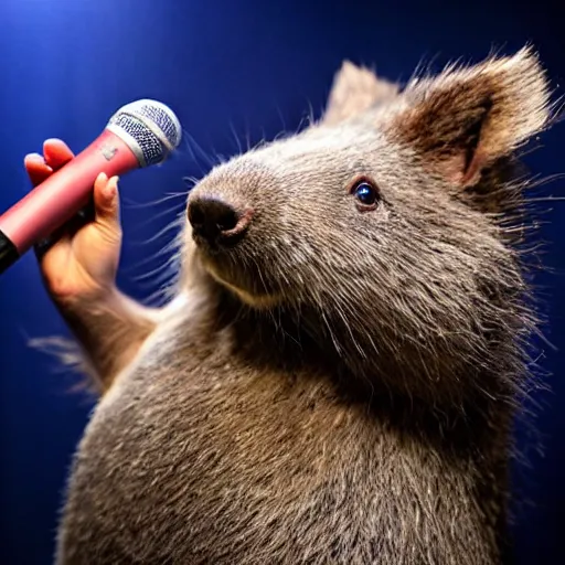 Prompt: a wombat singing at a karaoke, photo