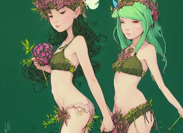 Image similar to two cute fairy girls with crown of flowers in plants bikini covered with celtic rune tattoos, fantasy, by atey ghailan, by greg rutkowski, by greg tocchini, by james gilleard, by joe gb fenton, by in kaethe butcher, dynamic lighting, gradient light green, brown, blonde cream and white color in scheme, grunge aesthetic