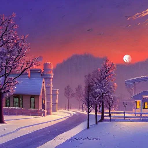 Image similar to winter city scape inspired by Evgeny Lushpin, Peter Zumthor cinematic,sunset,full moon