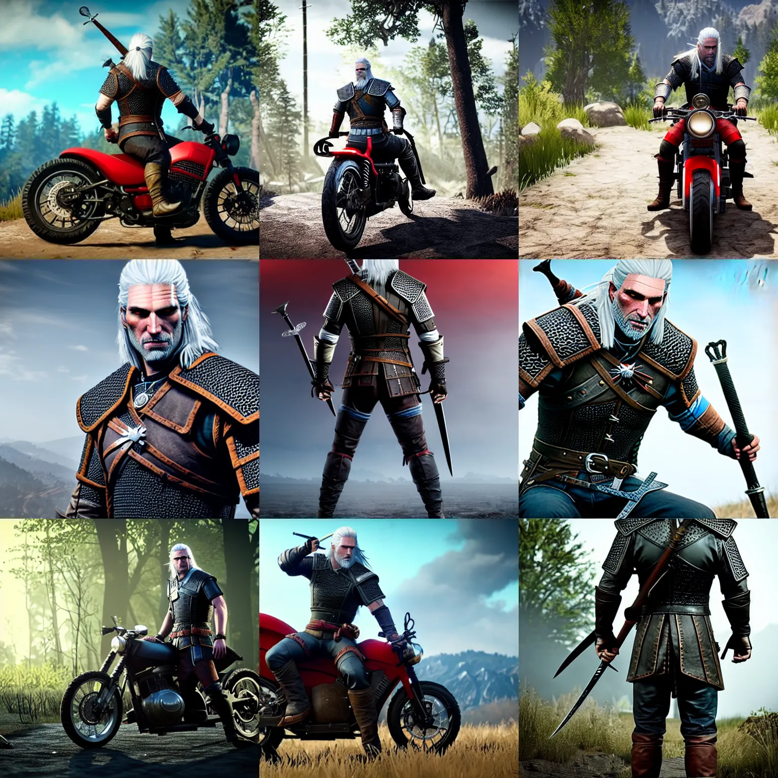 Prompt: geralt of rivia from witcher 3 rides cool red sports bike, 4 k, hyperrealistic cosplay, unreal engine