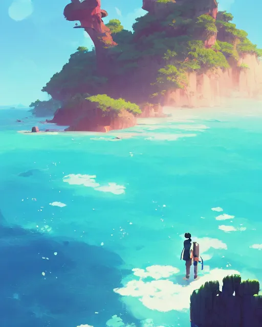 Image similar to an archipelago with strange rock formations, lush vegetation, turquoise water, cory loftis, james gilleard, atey ghailan, makoto shinkai, goro fujita, studio ghibli, rim light, exquisite lighting, clear focus, very coherent, plain background, soft painting