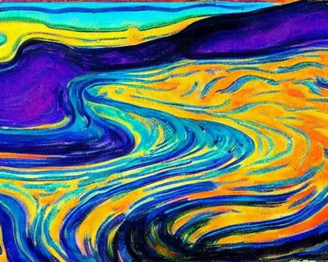 Image similar to Ocean waves in a psychedelic dream world. DMT. Curving rivers. Landscape painting by Edvard Munch. Peter Max.