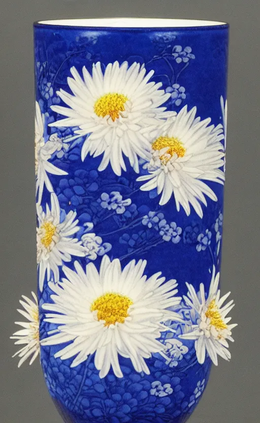 Prompt: by akio watanabe, manga art, a chrysanthemum flower inside a blue sake cup, cup is not vase, trading card front