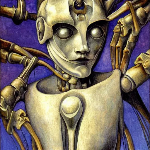 Image similar to the robot wearing the bone crown, by Annie Swynnerton and Diego Rivera, symbolist, dramatic lighting, elaborate geometric ornament, Art Brut ,god rays, soft cool colors,smooth, sharp focus, extremely detailed, Evelyn De Morgan and Adolf Wölfli