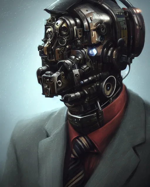 Image similar to a rugged young engineer man with cybernetic enhancements wearing a suit and bowtie, detailed face with mask, scifi character portrait by greg rutkowski, esuthio, craig mullins, 1 / 4 headshot, cinematic lighting, dystopian scifi gear, gloomy, profile picture, mechanical, half robot, implants, steampunk