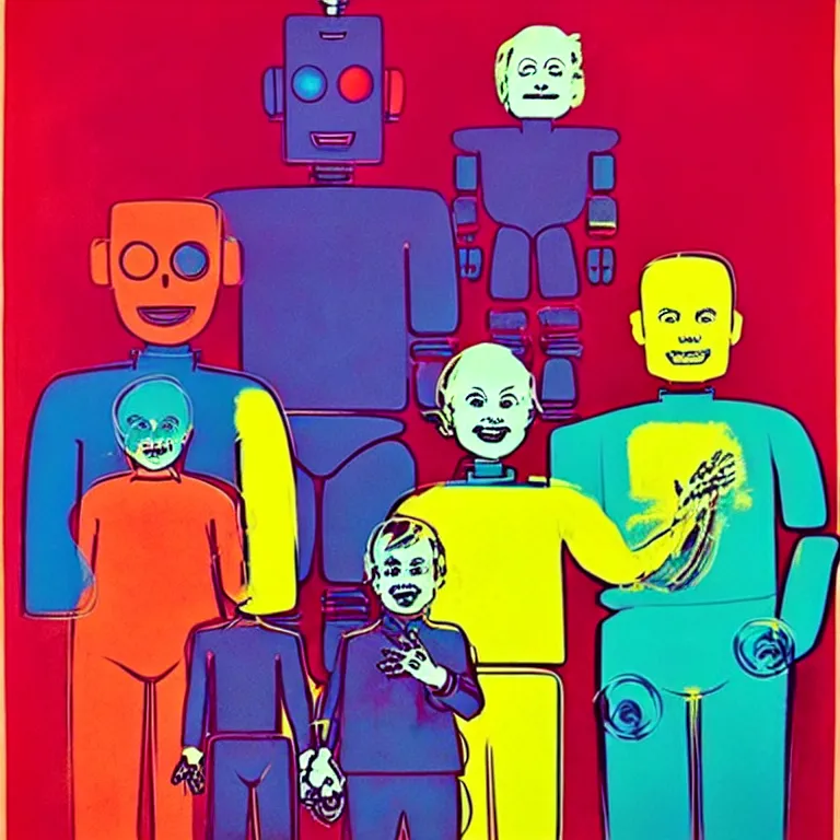 Image similar to ( ( ( ( ( a portrait of a robot family with soap bubbles, pop art ) ) ) ) ) by andy warhol and bill sienkiewicz!!!!!!!!!!!!!!!!!!!!!!!!!!!!!!