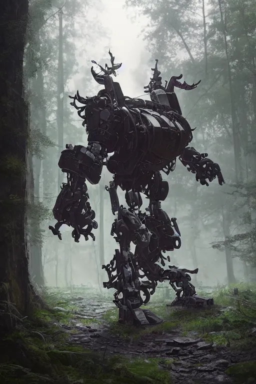 Prompt: A small character standing before a giant mechanical robpt in the forest by Greg Rutkowski, Sung Choi, Mitchell Mohrhauser, Maciej Kuciara, Johnson Ting, Maxim Verehin, Peter Konig, final fantasy , 8k photorealistic, cinematic lighting, HD, high details, atmospheric,