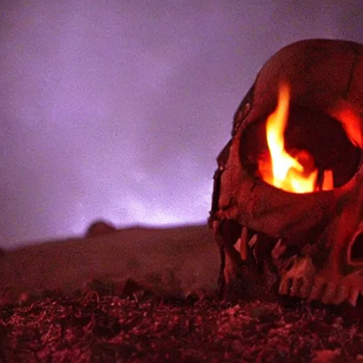 Image similar to skull in a campfire at night, spooky, horror, creepy lighting directed by wes craven