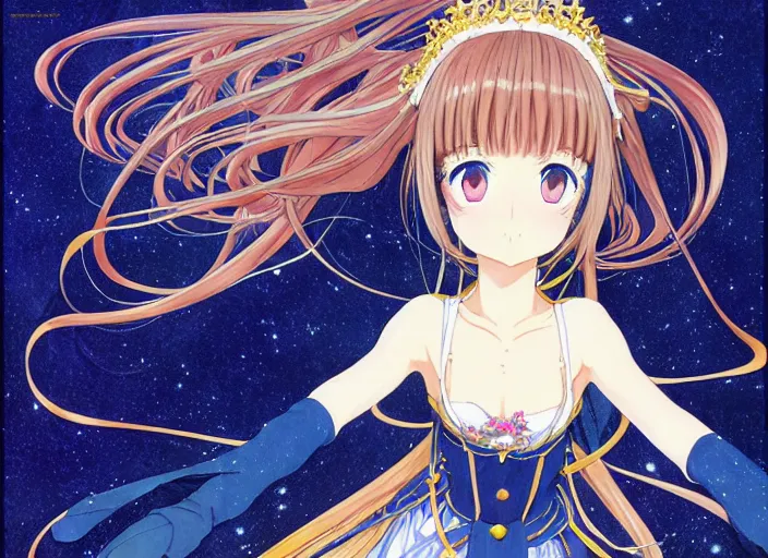 Prompt: full body portrait of the star princess, Kyoto animation, 江口 寿史, enchanted,dark, concept art ,last exile, blue submarine no. 6, katsura masakazu,tsutomu nihei, gustav klimt,loish, murata range, kawaii, studio lighting, manga, bright colors, anime,beautiful, 35mm lens,noir, vibrant high contrast, gradation, jean giraud, moebius, fantasy, rule of thirds, fibonacci, intricate, cel shaded, flat, matte print, smooth, ilya kuvshinov