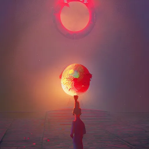 Image similar to optimism, the solarpunk phoenix, red bird, ornate egg, regeneration, landscape, epic composition, volumetric light, bokeh, digital painting by ilya kuvshinov and by gauthier leblanc