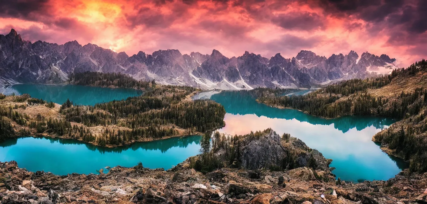 Image similar to amazing landscape photo of mountains with lake in sunset, beautiful dramatic lighting