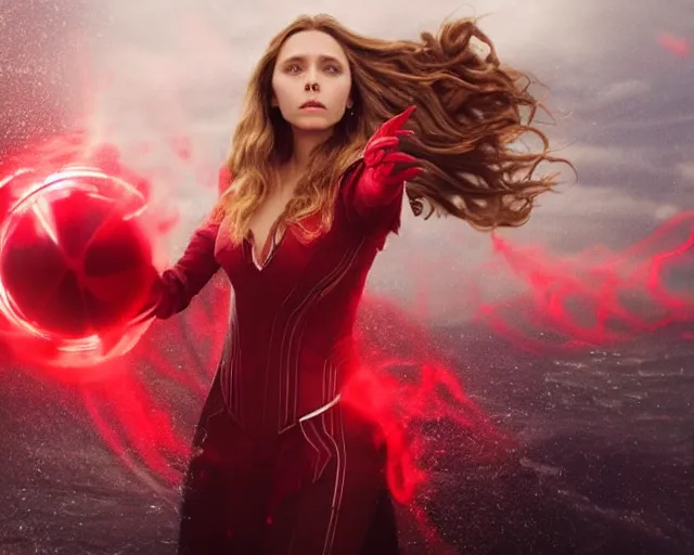 Image similar to movie still of elizabeth olsen as the scarlet witch afloat!!!!! in the air with red glowing eyes, emanating red magic!!!!! from her palms, full - body portrait, trending on artstation, 8 k quality, cgsociety contest winner, artstation hd, artstation hq, luminous lighting, beautiful cloudy atmosphere