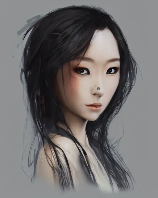 Image similar to the face of an oriental woman left face is a mechanical structure the eyes glow, artstation