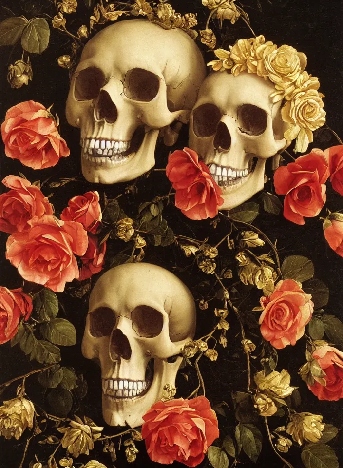 Prompt: portrait of a marble skull with a wreath of gold roses and a dress of gold rose petals, oil painting in a renaissance style , very detailed, painted by Caravaggio.