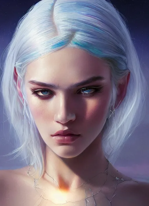 Image similar to girl with iridescent silver hair, beautiful highly detailed face, complementary lighting, backlit, eyeshadow, divine, dramatic lighting, landscape background, beautiful painting by artgerm and greg rutkowski and raymond swanland