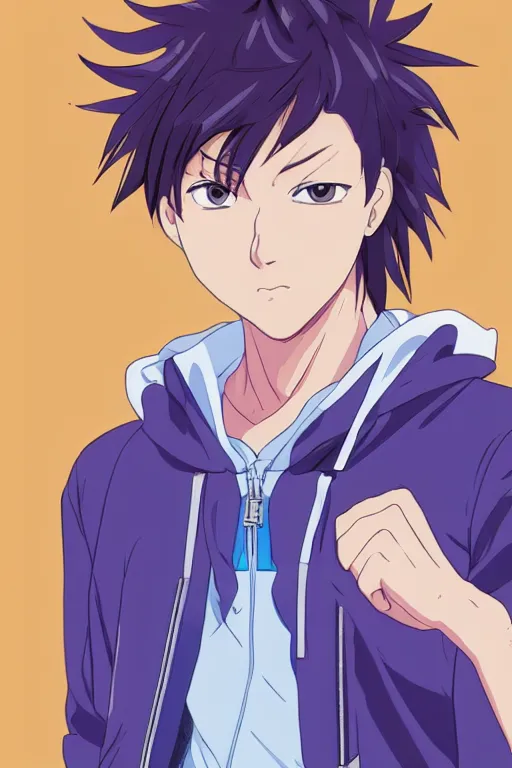 Image similar to portrait of a teen boy wearing a blue and white jumpsuit, brown spiky hair, tan skin, purple eyes, detailed, anime key visual, hisashi hirai