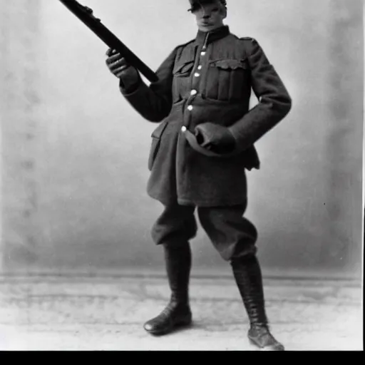 Prompt: a ww1 soldier holding a wooden toy rifle, black and white grainy photograph