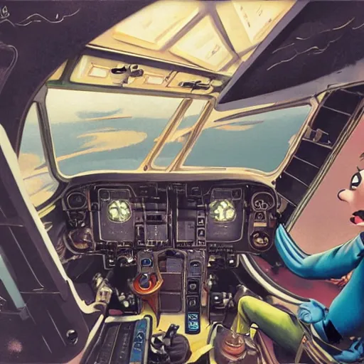 Prompt: inside a 1920's cockpit, artwork by Disney Pixar, arstation