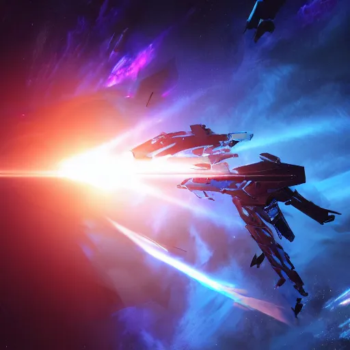 Prompt: space battle inside a blue nebula with lighting arcing between clouds, Mass Effect concept art, volumetric lighting, cinematic lighting, ultra-realistic, photorealistic, vibrant colors, hyper detail, 8k