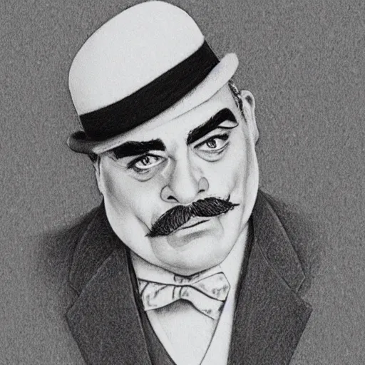 Image similar to pencil illustration of David suchet as hercule poirot, highly detailed, 8k, cinematic,