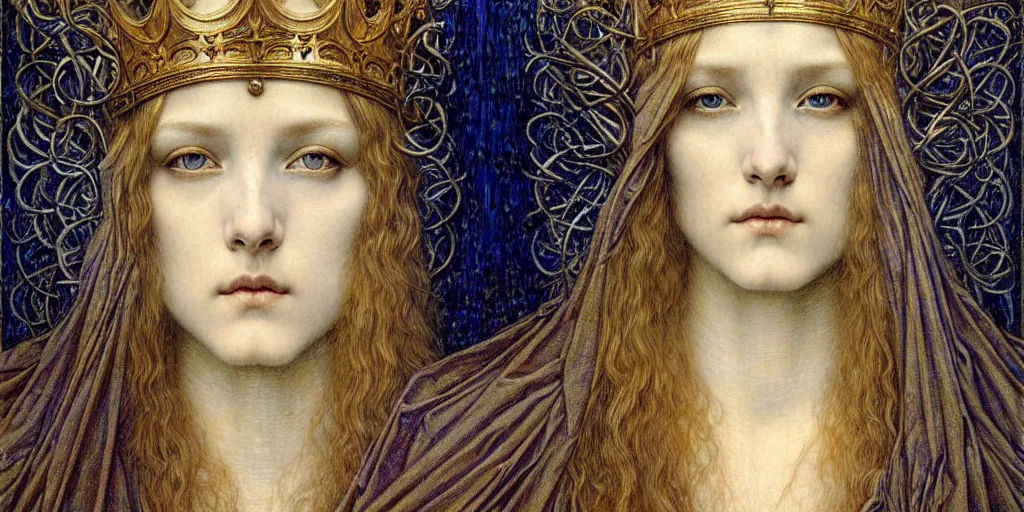 Image similar to detailed realistic beautiful young medieval queen face portrait by jean delville, gustave dore and marco mazzoni, art nouveau, symbolist, visionary, gothic, pre - raphaelite. horizontal symmetry