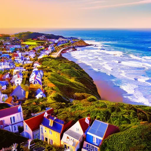 Image similar to down angled view of an seaside town, ocean, town, beach, hills
