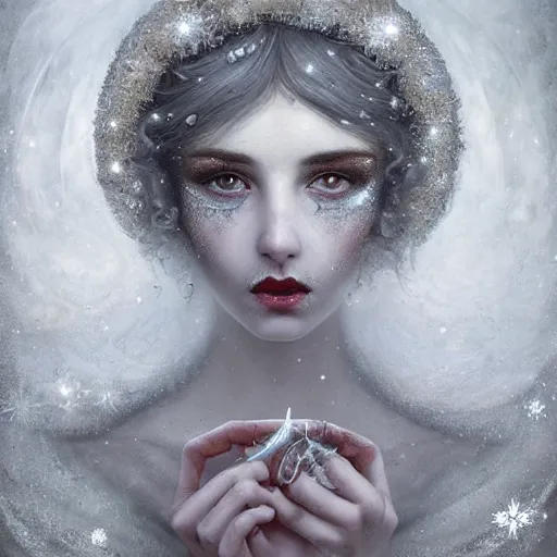 Image similar to Beautiful Delicate dark art Detailed full head portrait of snow woman, With Magical grey eyes by Tom Bagshaw, Bastien Lecouffe Deharme, Erik Johansson, Amanda Sage, Alex Grey, Alphonse Mucha, Harry Clarke, Josephine Wall and Pino Daeni, Delicate winter frozen creature With long white grey windy Hair and Magical Sparkling Eyes, Magic Particles; Magic Swirls, in a out of this world magical frozen landscape, 4K; 64 megapixels; 8K resolution concept art; detailed painting; digital illustration; hyperrealism; trending on Artstation; Unreal Engine Photorealistic, lifelike, Unreal Engine, sharp, sharpness, detailed, 8K