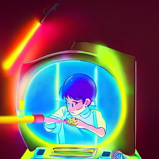 Image similar to a magic gaming machine connected to a boy with a helmet and electric cable with colorfull rays of light illuminate the environment by vanessa morales, studio ghibli,