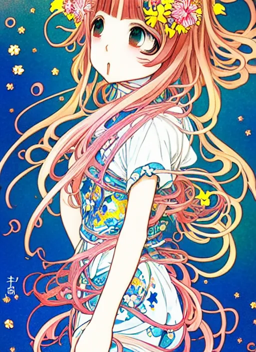 Image similar to exquisite imaginative manga poster art of a girl, long wavy hair, stars, flowers, japanese sailor uniform, shimmering, by kojima ayami, shigenori soejima, minaba hideo, alphonse mucha, jump comics, shogakukan, art nouveau, illustration, artstation, highly detailed, 8 k, colorful, iridescent, maximalist