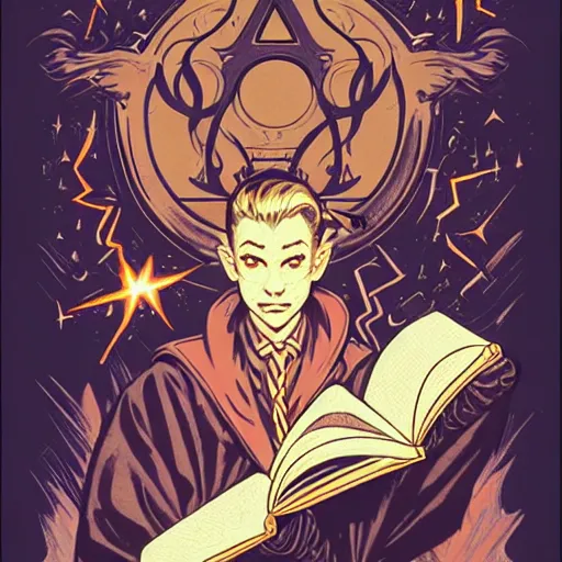 Image similar to concept art design illustration, spellcasting from spell book!!!!, 1 6 colors, logo, ink drawing, art by jc leyendecker and sachin teng