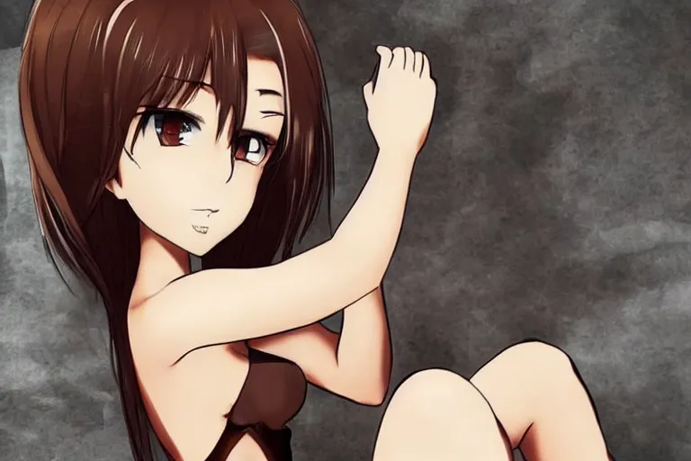 Image similar to beautiful woman with short brown hair, brown eyes, v-cut dress, anime