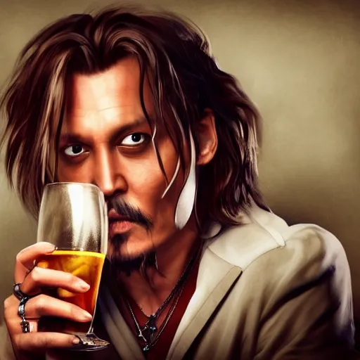 Prompt: Photorealistic Johnny Depp drinking a mega pint of wine, Hyperdetailed, 108 Megapixels, Artstation concept art