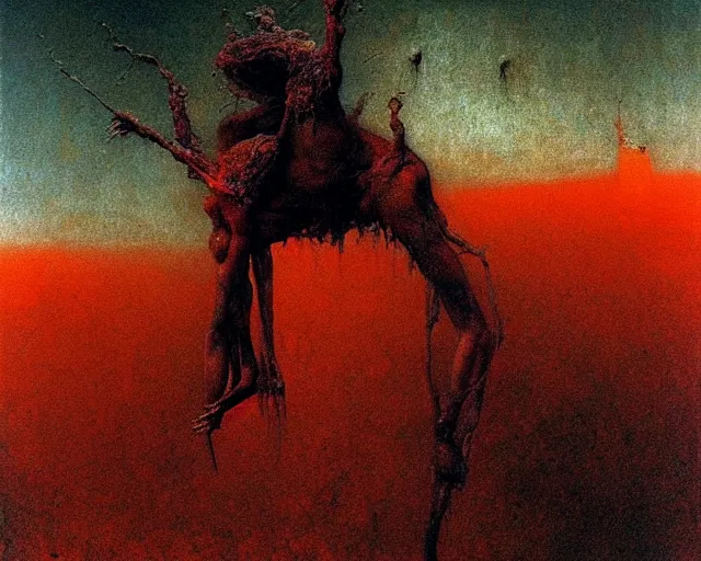 Image similar to by francis bacon, beksinski, mystical redscale photography evocative. horrid, abominable, disgusting, vile, revolting, fanged creature