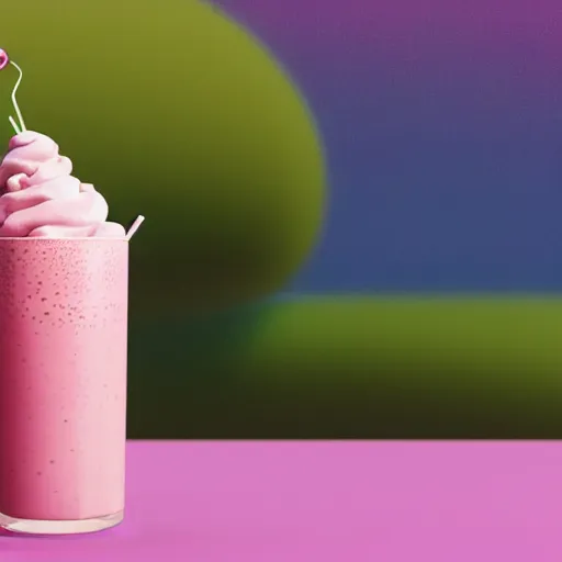 Image similar to 3 d render of a hovering pink milkshake with whipped cream with a slight sparkle and iridescent texture aginst a pink backdrop with slight sadow underneath and falling strawberries in the background, photorealistic, bold colours 4 k, cgsociety, blender, unreal engine 5, sharp details, 3 0 0 dpi