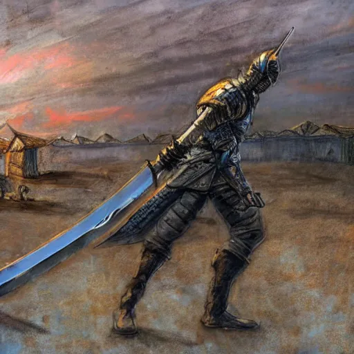 Image similar to an evil sword on the ground. ( concept art by enki bilal, museum picture, 4 k, backlit )