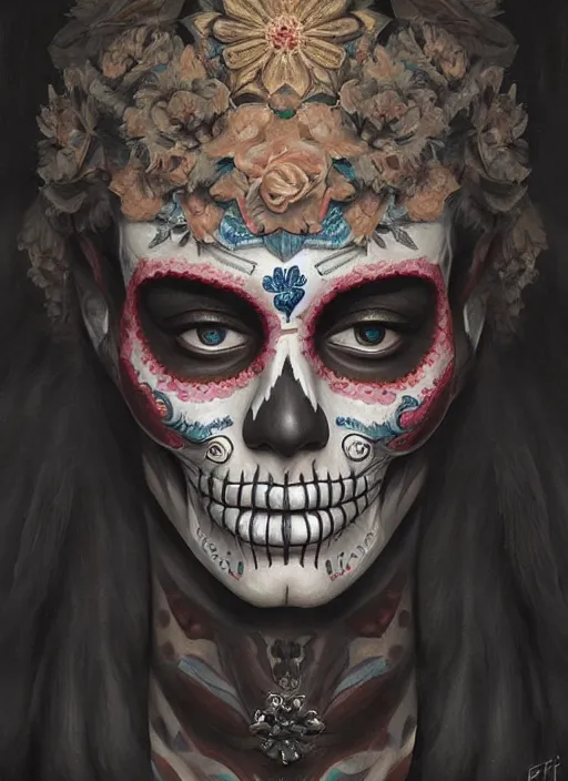 Image similar to digital _ painting _ of _ dia de los muertos _ by _ filipe _ pagliuso _ and _ justin _ gerard _ symmetric _ fantasy _ highly _ detailed _ realistic _ intricate _ port