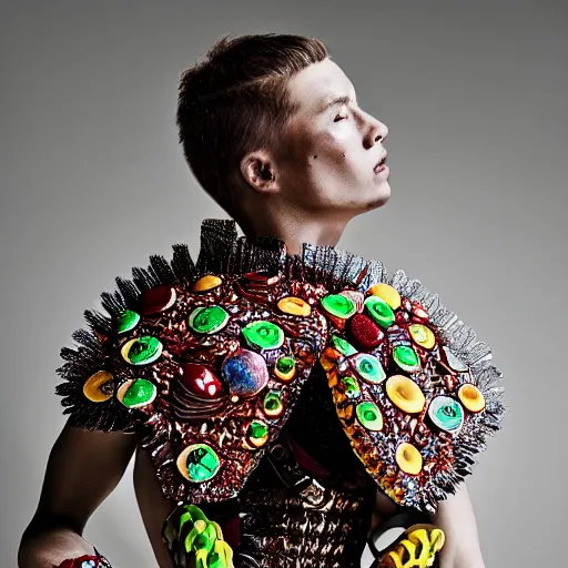 Prompt: a portrait of a beautiful young male wearing an alexander mcqueen armor made of candy , photographed by andrew thomas huang, artistic