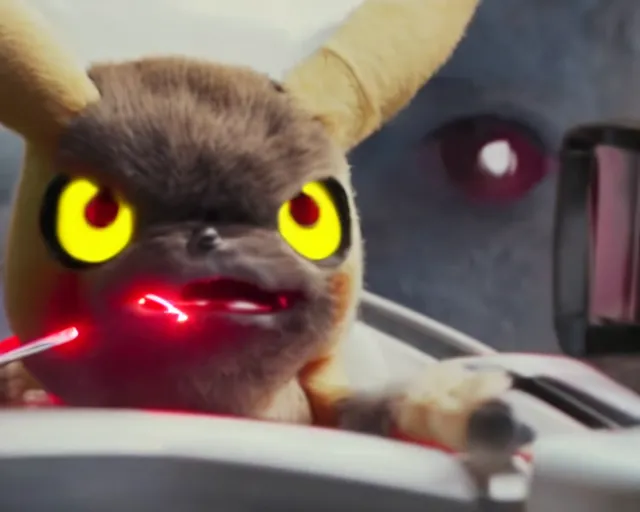 Image similar to Terminator pikachu, scene where his endoskelet gets exposed his eye glows red, still from the film