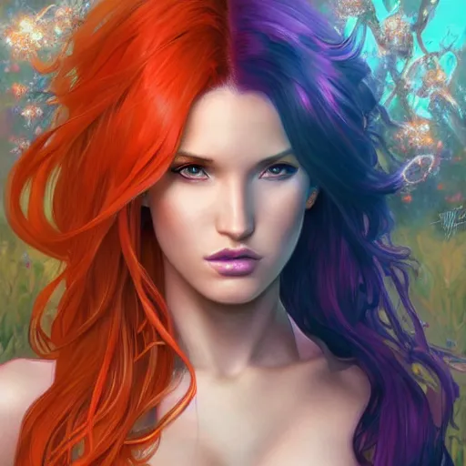 Image similar to ultra realistic illustration, bella thorne as starfire anime, intricate, elegant, highly detailed, digital painting, artstation, concept art, smooth, sharp focus, illustration, art by artgerm and greg rutkowski and alphonse mucha and wlop