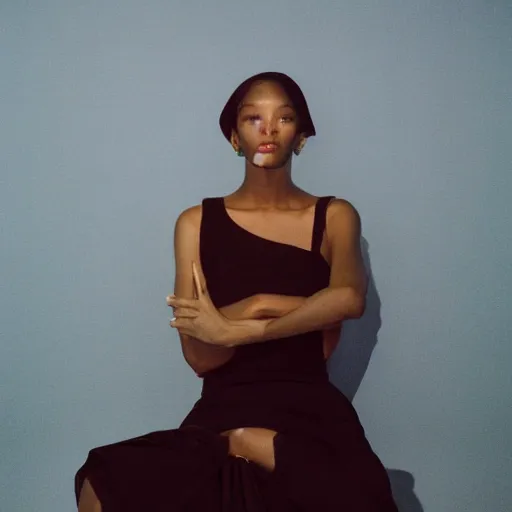 Image similar to realistic photoshooting for a new balenciaga lookbook, color film photography, portrait of a beautiful woman, location in a set design by james turrell, in style of Tyler Mitchell, 35mm,