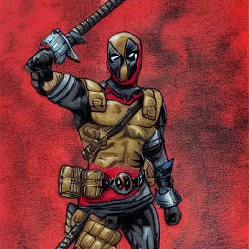 Image similar to a Viking Deadpool, detailed, realistic, dramatic, smooth,